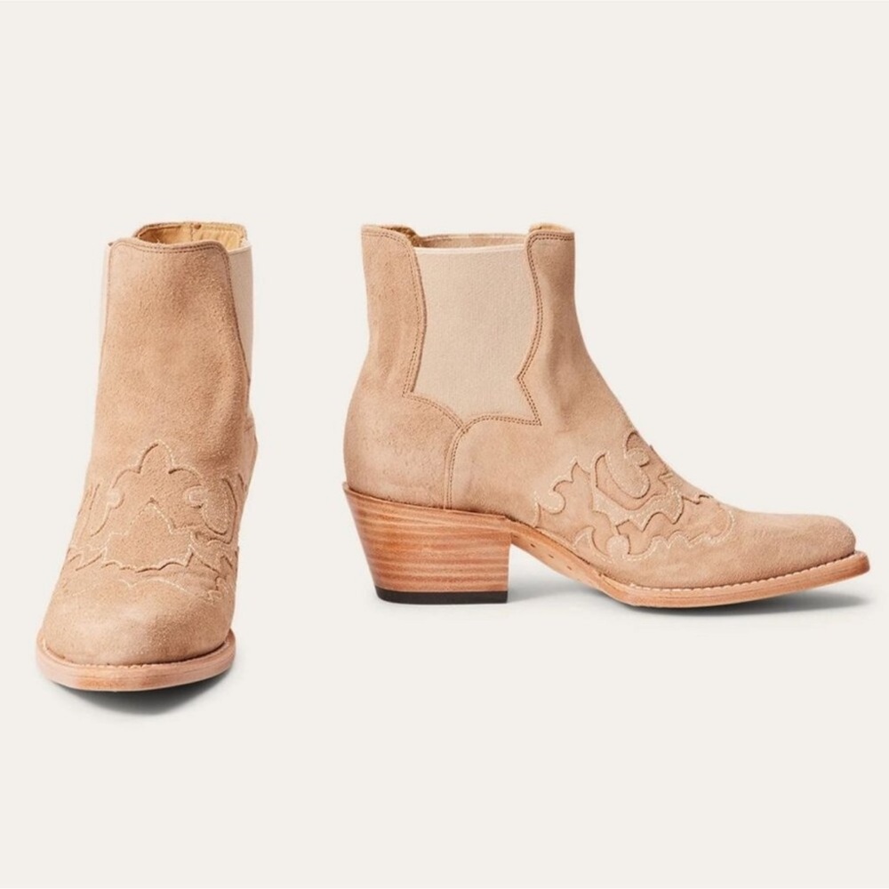 STETSON Short Western Boots Toasted Almond Suede Embroidered Chelsea Bootie